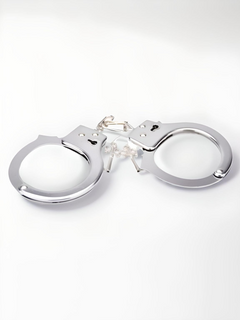 Luxury Heavy Duty Handcuffs featuring a shiny, chrome finish with a quick-release unlocking system, perfect for intimate moments.