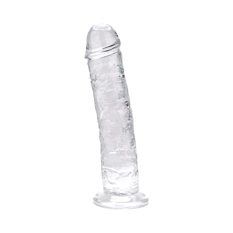 8.5-inch transparent Loving Joy suction cup dildo with realistic details, designed for pleasurable use and firm grip.