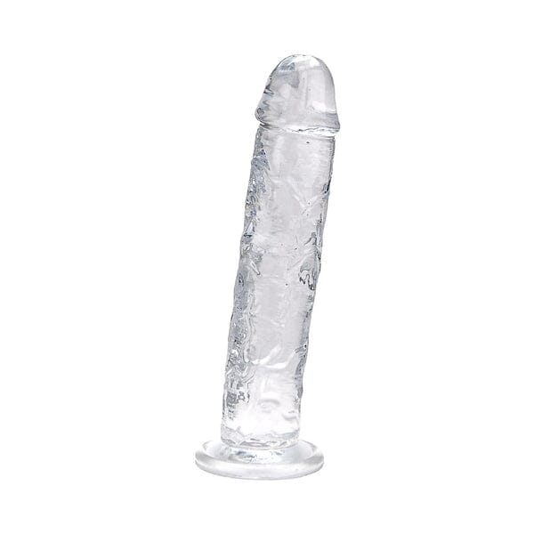 8.5-inch transparent Loving Joy suction cup dildo with realistic details, designed for pleasure and easy attachment.