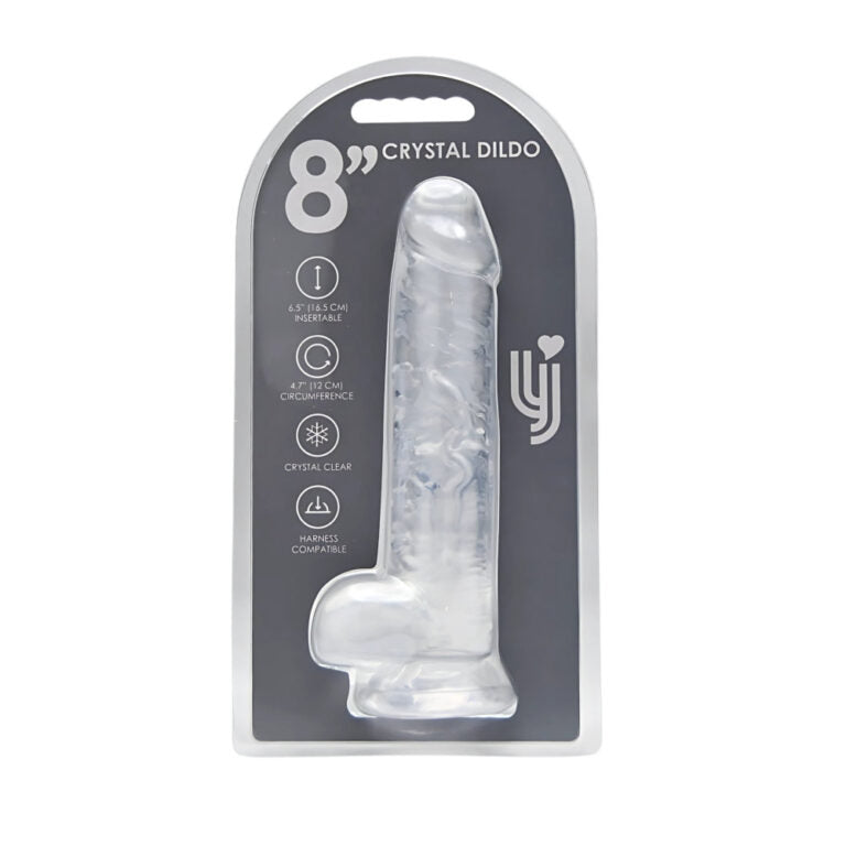 Loving Joy 9-inch Crystal Dildo packaging, emphasising an alluring clear jelly dong for those who appreciate luxurious sensations.