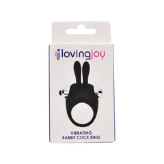 Black vibrating rabbit cock ring on a white packaging with 'lovingjoy' branding.