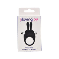 Black vibrating rabbit cock ring on a white packaging with 'lovingjoy' branding.