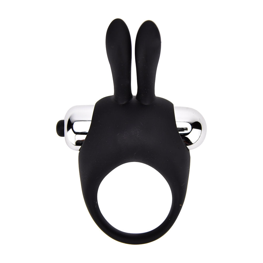 Black silicone ring with bunny ears and silver accents on a white background