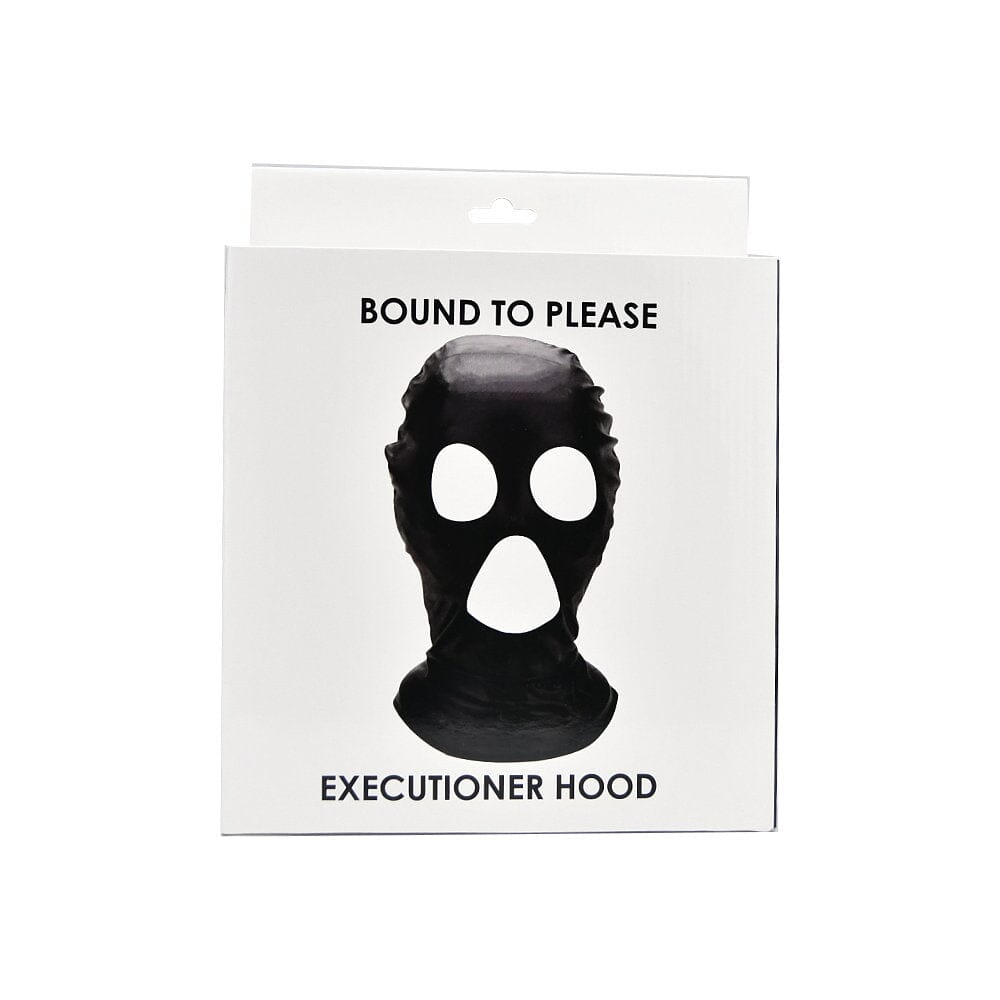Black BDSM executioner hood by 1on1, featuring a dark, intimidating design with eye and mouth openings for bondage and role-play.