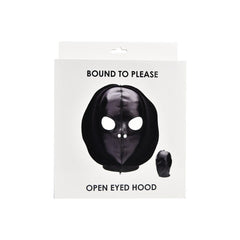 Open-eyed BDSM hood by 1on1, a sensory deprivation accessory with adjustable straps and transparent mesh material.