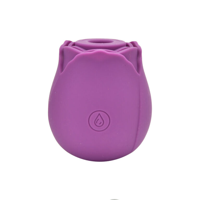 Loving Joy Rose Clitoral Vibrator with suction, 10 functions, waterproof silicone, USB rechargeable in purple.