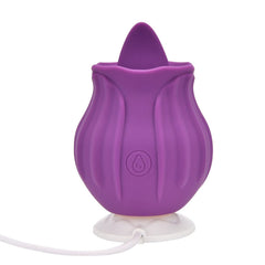 Purple Loving Joy Rose Licking Clitoral Vibrator with textured rose design, compact and discreet for personal pleasure.