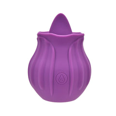 Loving Joy Rose Licking Clitoral Vibrator in purple, with a curved design and textured surface for targeted stimulation.