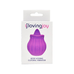 Loving Joy Rose Licking Clitoral Vibrator in purple, designed for intimate pleasure, with a floral rose shape and textured surface.