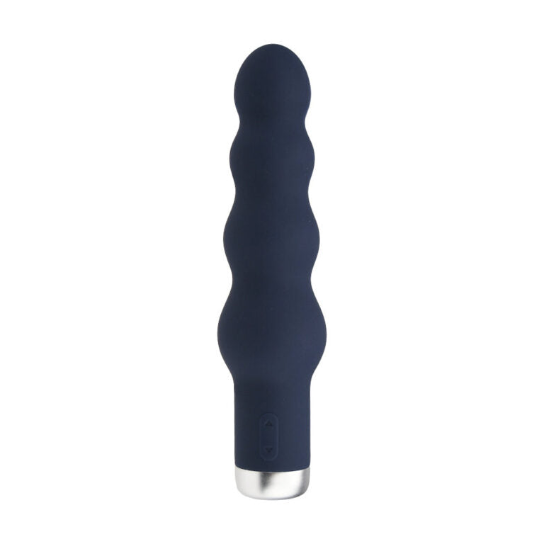 Luxurious Nauti silicone ribbed vibrator in a sophisticated navy blue finish, showcasing its elegant ribbed design.