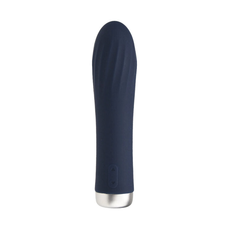 Nauti waterproof silicone bullet vibrator with 10 functions, 5.5 inches long, shown in close-up design and textured surface.