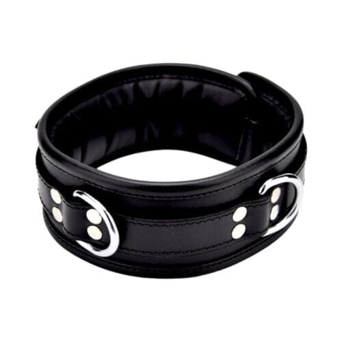 Bound to Please leather collar with padded comfort, padlockable buckle, and three D-rings for secure, stylish restraint.