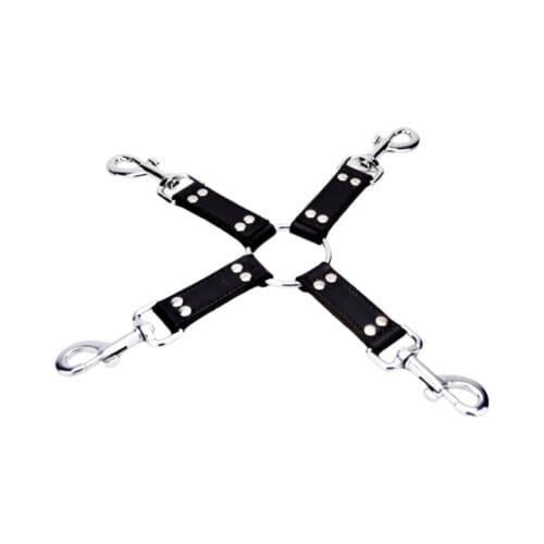 Bound Leather 4-Way Hog Tie with metal trigger hooks, featuring secure, versatile restraints for BDSM and bondage play.