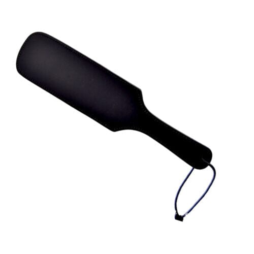 Bound leather paddle with secure wrist wrap, shown in a close-up image highlighting its textured leather surface and sturdy design.