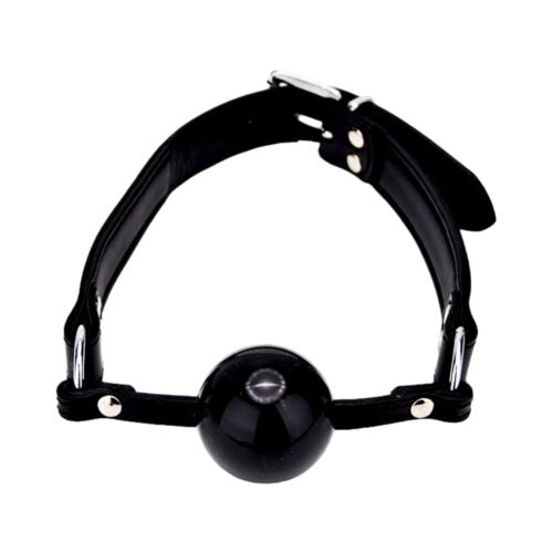 Bound leather solid ball gag with two O-rings and adjustable buckle fastening, designed for BDSM play and restraint.