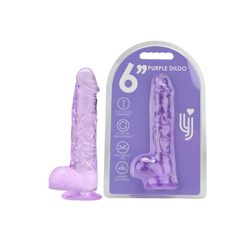 Product packaging for the 6" Loving Joy Jelly Crystal Dildo with Balls, emphasising its high-quality TPE material and stunning purple hue.