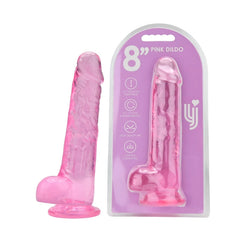 Elegant view of the pink 8" Loving Joy Jelly Crystal Dildo beside its packaging, highlighting the indulgent texture and design.