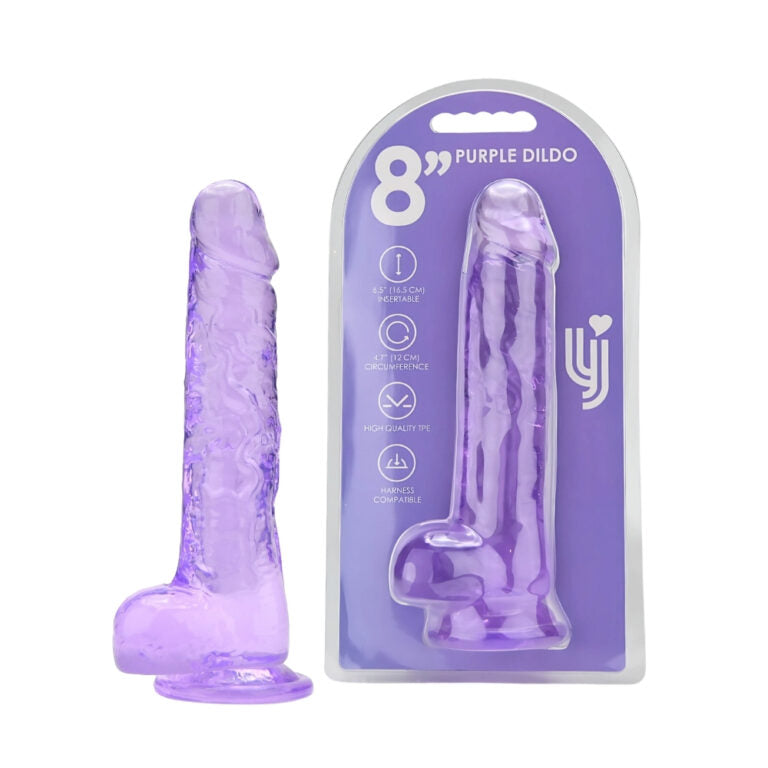 Detailed view of the 8" Loving Joy Jelly Crystal Dildo with Balls next to its packaging, highlighting its lifelike appearance and ease of use.