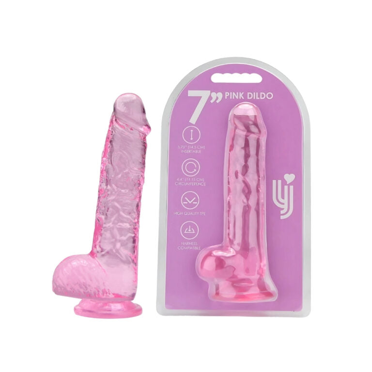 Close-up view of the 7" pink Loving Joy Jelly Crystal Dildo, illustrating its detailed texture and sleek finish for luxurious experiences.