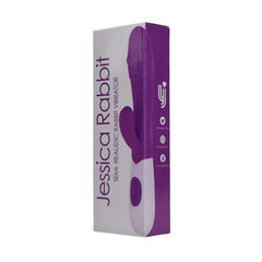 Loving Joy Jessica Rabbit semi-realistic rabbit vibrator with 10 functions, slim design, 19cm length, shown in package.