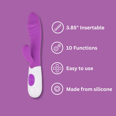 Loving Joy Jessica Rabbit semi-realistic rabbit vibrator with 10 functions, slimline design, 19cm length, shown in the image.