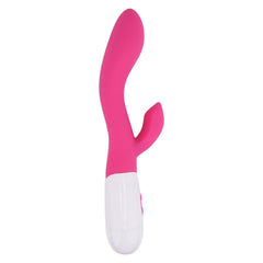 Loving Joy Jessica Rabbit G-Spot Rabbit Vibrator with curved silicone shaft and 10 functions, ideal for beginners.