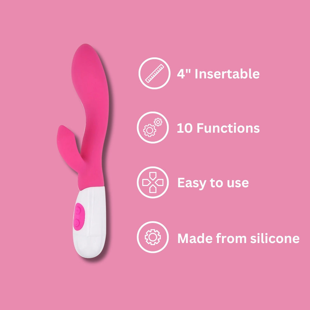 Jessica Rabbit G-Spot Rabbit Vibrator by Loving Joy with curved shaft, 10 functions, silicone material, beginner-friendly design.