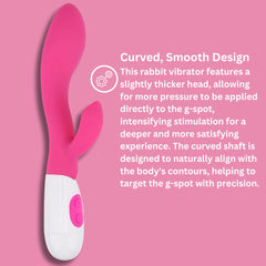 Loving Joy Jessica Rabbit G-Spot rabbit vibrator with curved silicone shaft and 10 functions, beginner-friendly design.