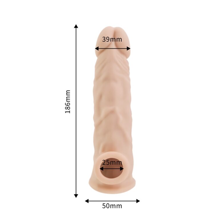 Detailed dimensions of an 8.5-inch silicone penis extension sleeve, outlining its luxurious design with precision for an enhanced experience.