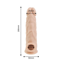 Measurement visual of a silicone penis extension sleeve, illustrating dimensions and enhancing its premium quality.