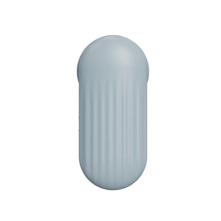 a light blue plastic object on a white background