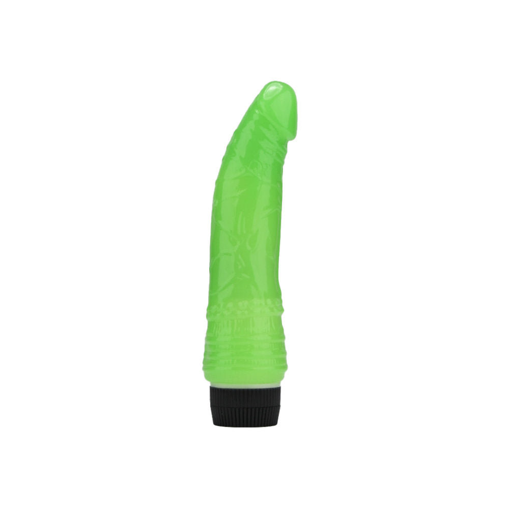 Loving Joy 7 inch Realistic Vibrator Glow in the Dark highlighting its luxurious multi-speed settings and waterproof design.