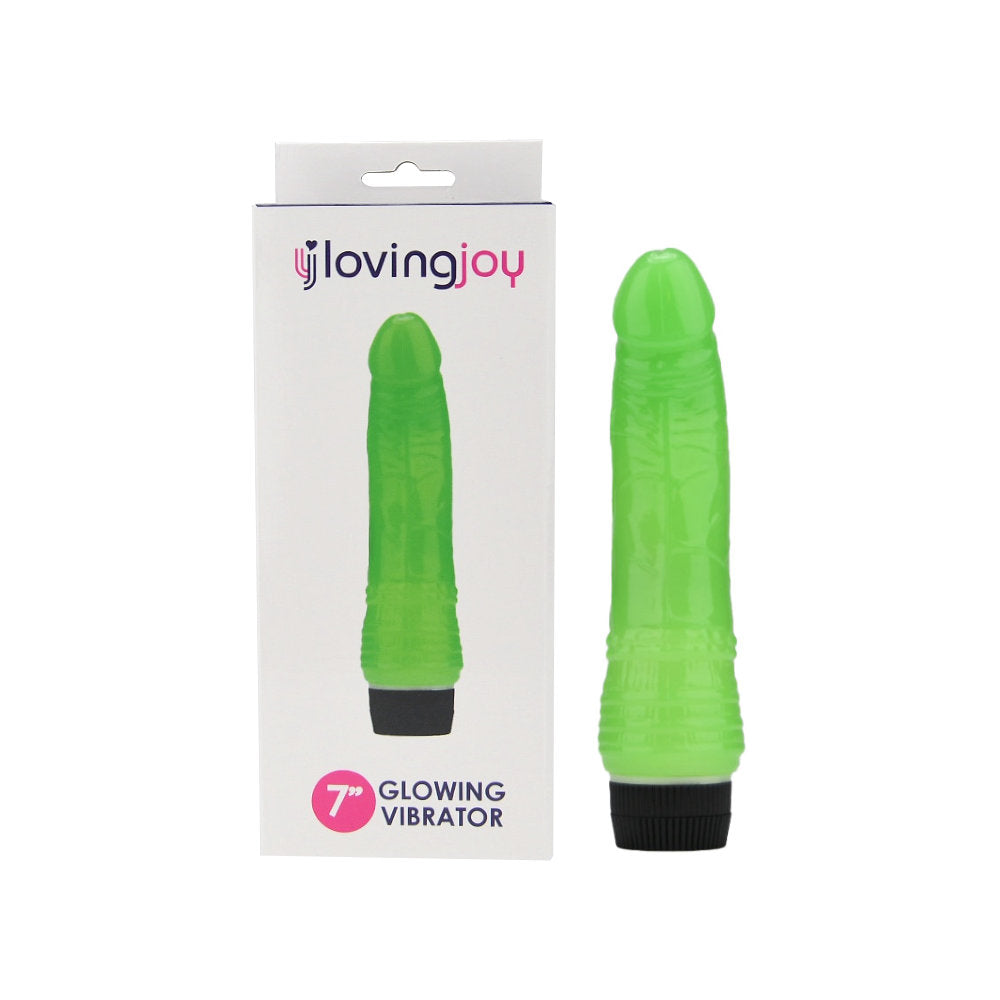 Loving Joy 7 inch Realistic Vibrator Glow in the Dark detailed view of its impressive length and realistic texture.