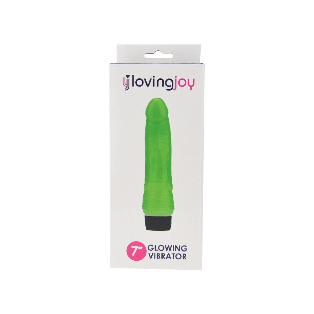 Loving Joy 7 inch Realistic Vibrator Glow in the Dark displayed with batteries, showcasing its user-friendly operation and luxury appeal.
