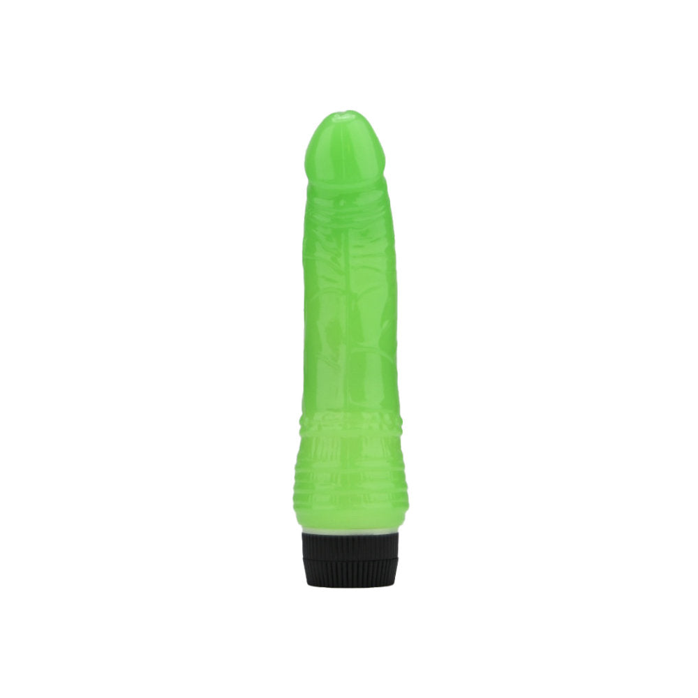 Loving Joy 7-inch realistic glow-in-the-dark waterproof vibrating dildo with multi-speed TPE design and textured details.