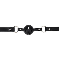 Luxurious black adjustable breathable ball gag featuring perforated plastic ball and sturdy straps with O-rings.