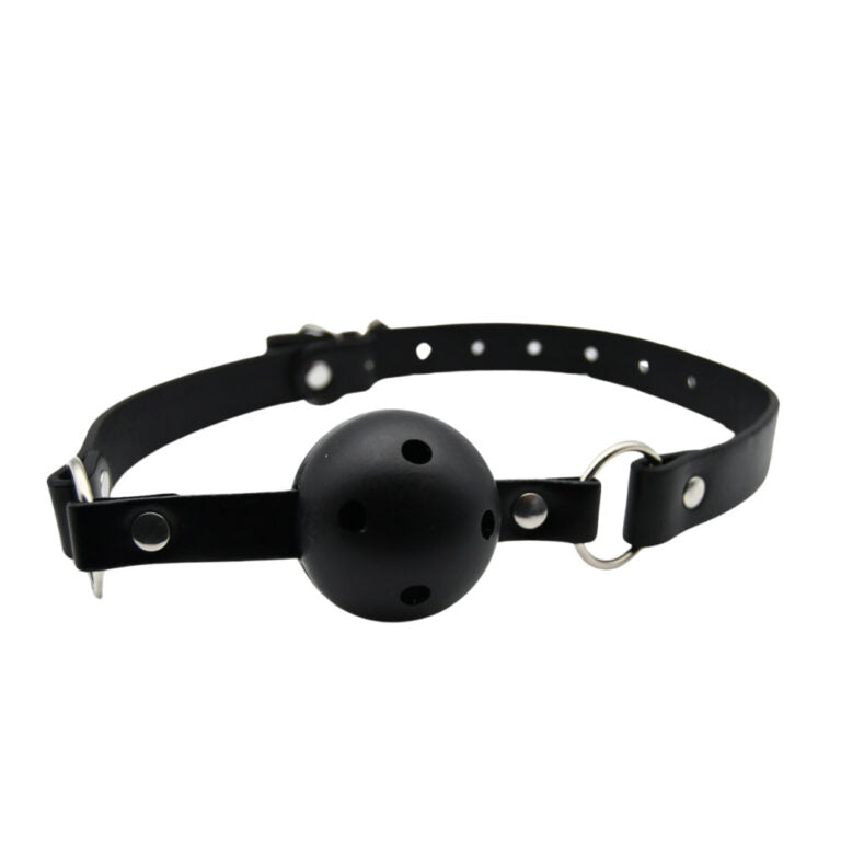 Elegant black breathable ball gag with a soft finish, showcasing a rounded ball and adjustable strap for comfort.