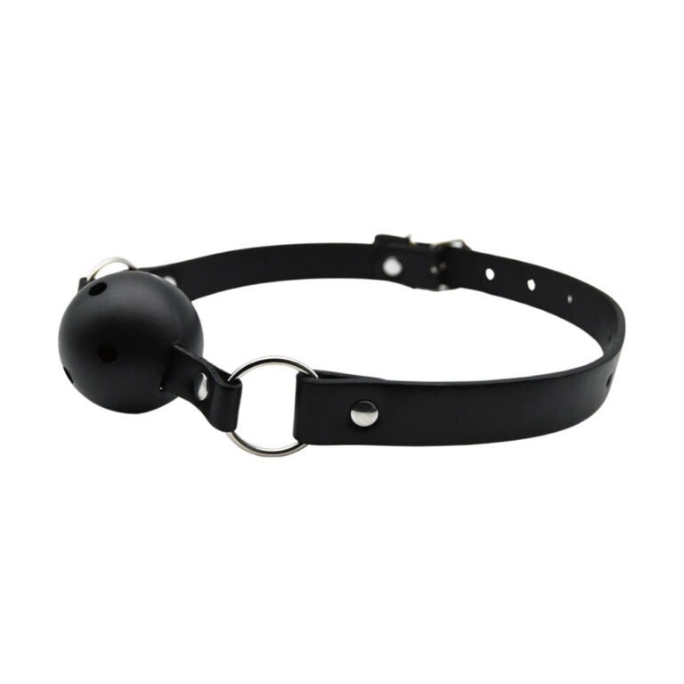 Sophisticated black ball gag with a polished design, featuring a ventilated ball and sleek adjustable straps.