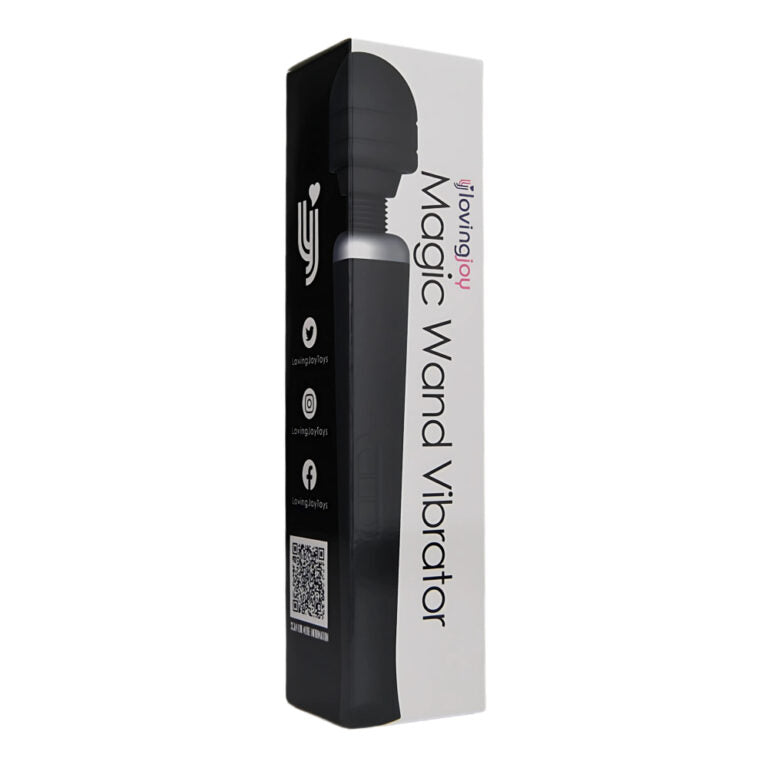 Loving Joy rechargeable black magic wand vibrator with ergonomic handle and flexible head for personal pleasure.