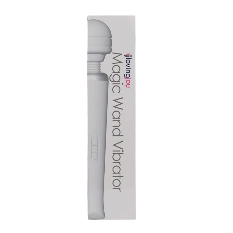Loving Joy rechargeable white magic wand vibrator with 20 modes, classic design, shown with packaging, 120-minute usage.