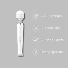 Loving Joy Rechargeable Magic Wand Vibrator White displayed with its 20 vibrating modes feature, designed for ultimate satisfaction.