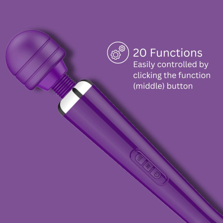 a purple object with the words 20 functions easily controlled by clicking the function middle button