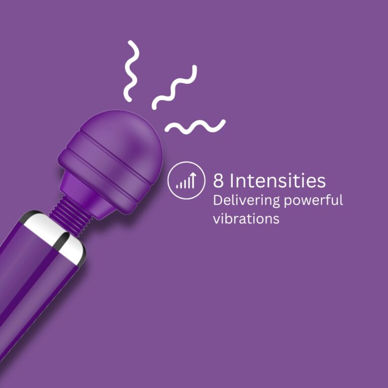 a purple vibrating device with the words, 8 intensities delivering powerful vibra