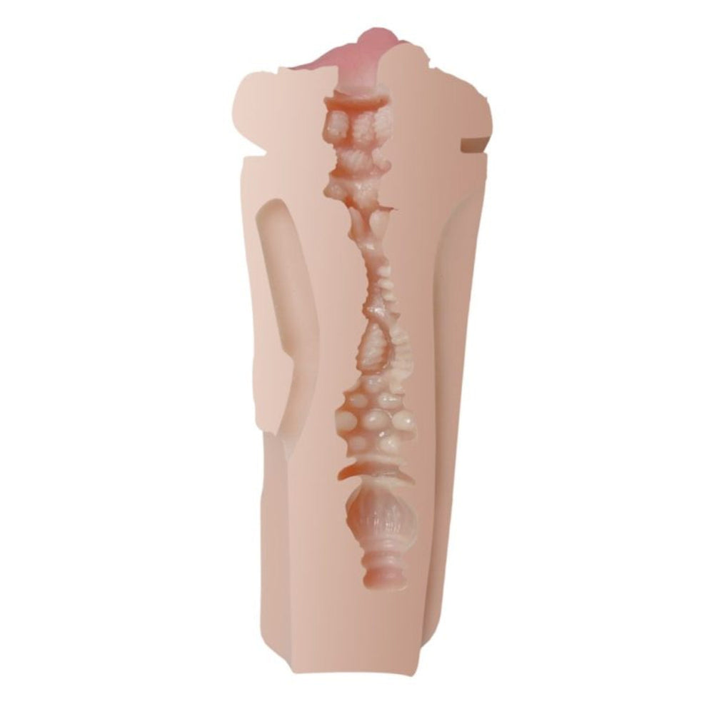 REV Rev-Lite realistic vagina masturbator with textured canal and removable sleeve, 18.5 cm insertable, shown in image.