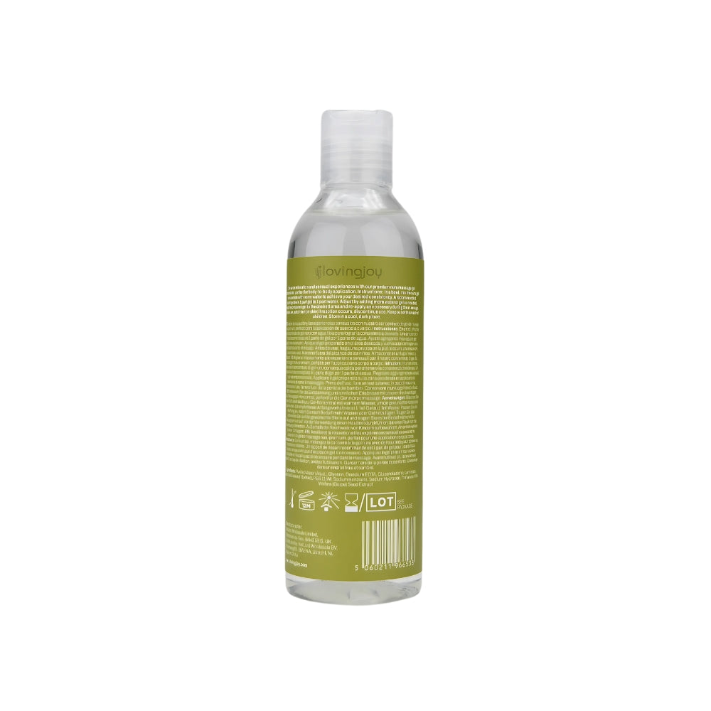 Loving Joy Nuru massage gel 250ml with seaweed and grape seed extract, shown from the back in a clear bottle for hydrating massage.