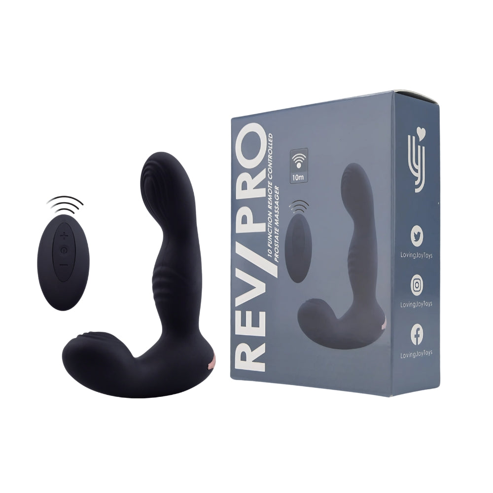 Detailed view of the Rev-Pro 10 Function Remote Controlled Prostate Massager, emphasizing its textured surface for enhanced stimulation.