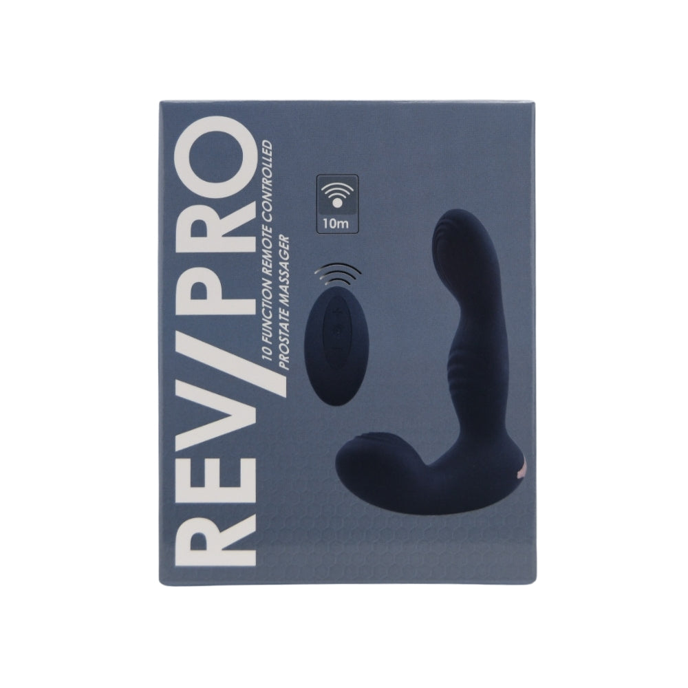 Stylish shot of the Rev-Pro 10 Function Remote Controlled Prostate Massager with remote control, ultimate luxury in personal wellness.