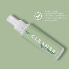 Loving Joy Cleanse gentle antibacterial sex toy cleaner spray bottle with clear label and nozzle for easy use.