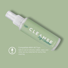 Loving Joy Cleanse antibacterial sex toy cleaner spray bottle with easy-to-use nozzle, designed for gentle cleaning of adult toys.
