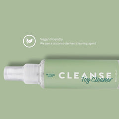 Loving Joy Cleanse gentle antibacterial sex toy cleaner spray bottle with label, designed for hygienic toy cleaning.